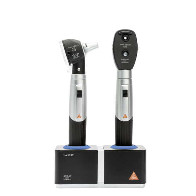 Heine Mini 3000 LED Diagnostic Set with Fiber Optic Otoscope, Ophthalmoscope, and Desktop Charger