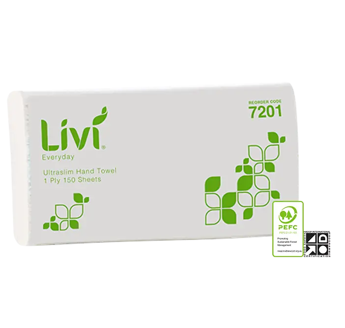 7201 Livi Basics/Everyday Ultraslim Hand Towel 1 Ply 150 Sheets (16 Packs)