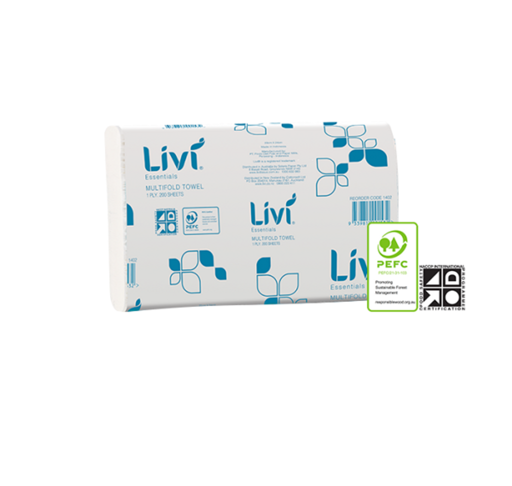 Livi 1402 Essentials Multifold Hand Towel 1 Ply 200 Sheets 20pk